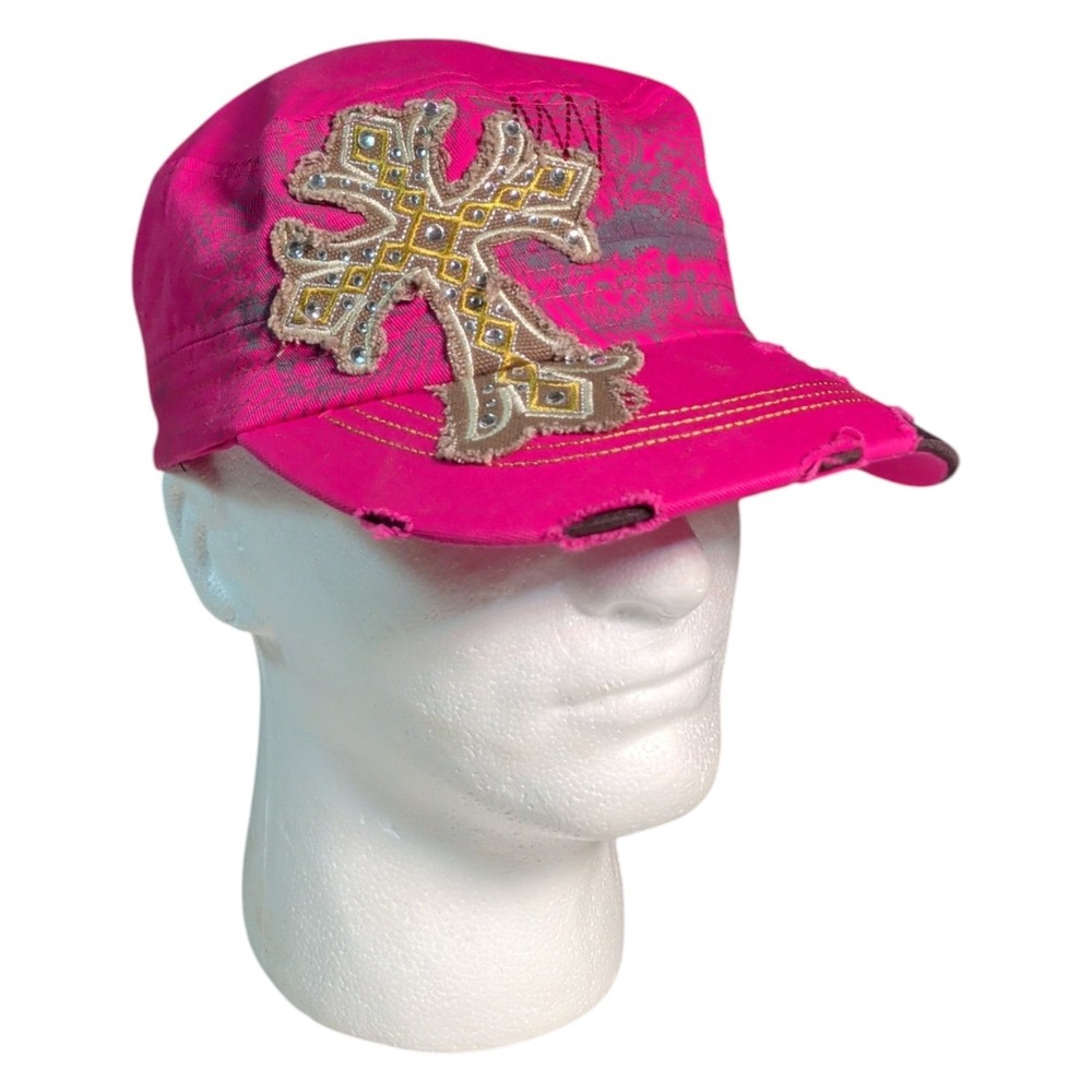 Womens Y2K Cross Hat Cap Embellished Distressed Thrashed Patch
